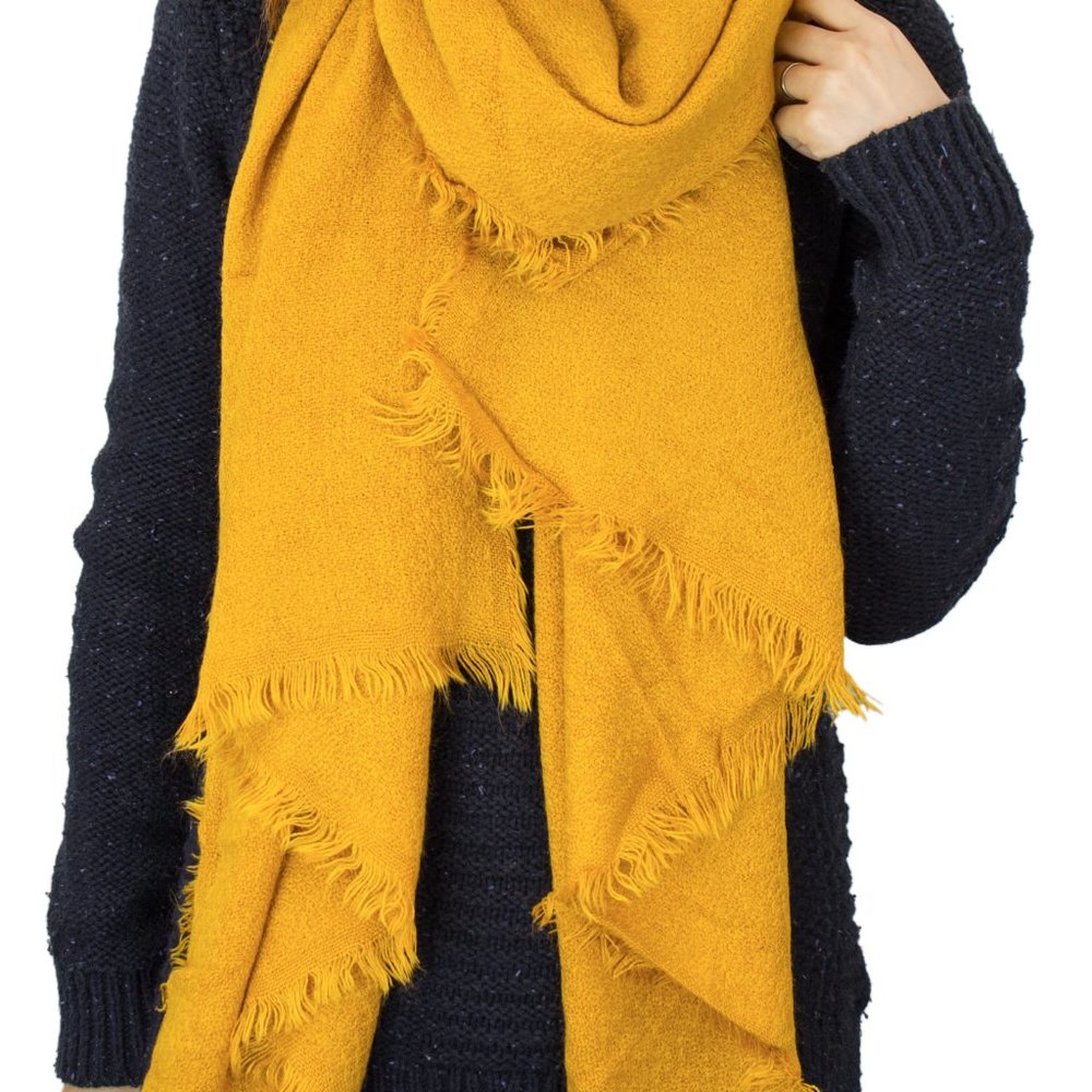 Mustard Frayed Edge Cashmere Blend Blanket Wrap Scarf